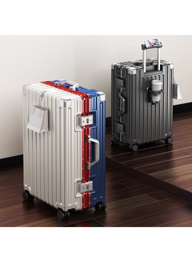 Pull Back Warrior Aluminum Frame Luggage Large Capacity Uni Travel Suitcase Password Lock Sy Leather 26 Inch Colorblock Trolley Case - Image 3