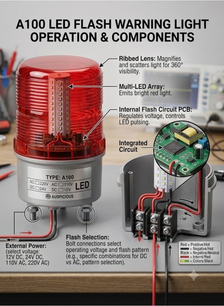 Auspicious Flashing Red Beacon Light LED with Buzzer Screw Mount A100F 220 VAC - Image 3