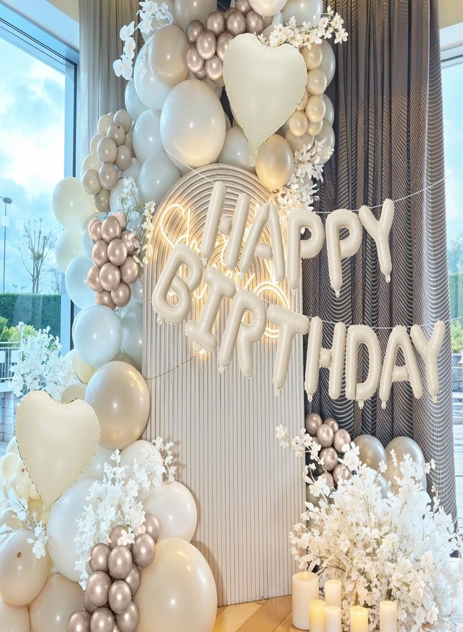 Togvu Happy Birthday Balloon Banner Cream, 16 Inch Beige Mylar Letters Heart Foil Balloons Pearl White Sand White Metallic Champagne Gold Balloons Boho Neutral Birthday Decorations for Girls Women Boy Men - Image 2