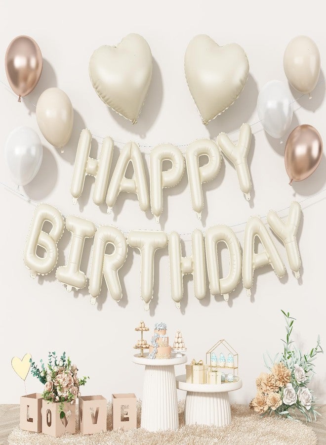 Togvu Happy Birthday Balloon Banner Cream, 16 Inch Beige Mylar Letters Heart Foil Balloons Pearl White Sand White Metallic Champagne Gold Balloons Boho Neutral Birthday Decorations for Girls Women Boy Men - Image 1