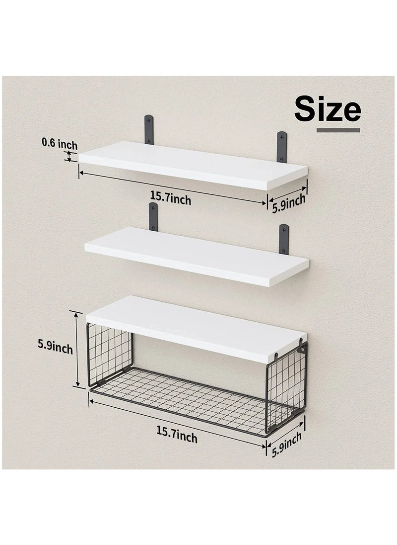 MileMelo Floating Shelves for Wall - Set of 3 Hanging Wood Shelf Rustic Wooden Shelves with Metal Brackets Hanging Shelf Wall Organizers for HomebStorage Rack Wall Mount White  - Image 2