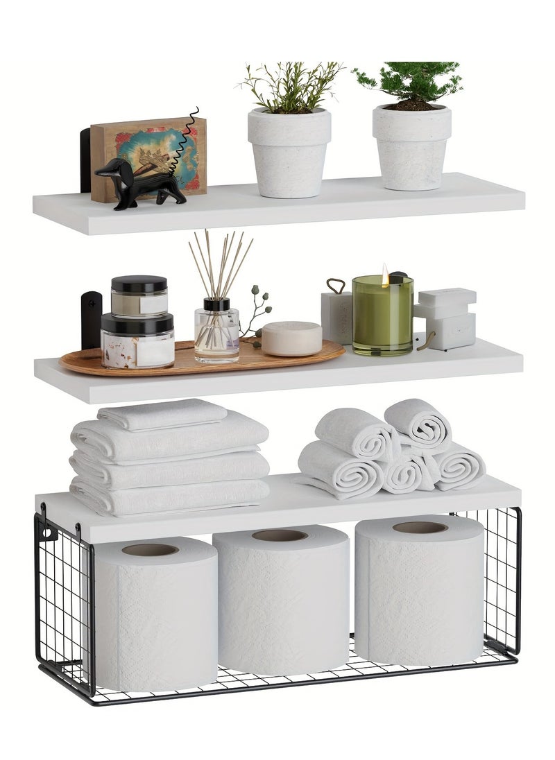 MileMelo Floating Shelves for Wall - Set of 3 Hanging Wood Shelf Rustic Wooden Shelves with Metal Brackets Hanging Shelf Wall Organizers for HomebStorage Rack Wall Mount White  - Image 1
