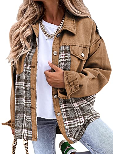 Shein SHEWIN Denim Jacket for Women Long Sleeve Oversized jean Jacket Button Down Denim Jacket Lightweight Spring Outfits for Women 2026 Khaki Medium - Image 1