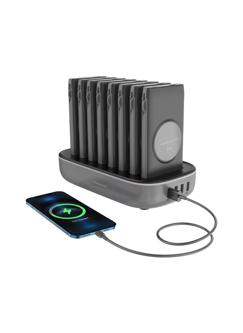 Powerology - 8in1 Station 10000mAh 20W PD QC Wireless Power Bank Built-in Cable With Lightning And Type-C UK 3Pin Power Plug Compatible For iPhone 14/14 Plus 14 Pro/14 Pro Max Samsung S21 S20 Note 20 10 etc, Black - Image 1