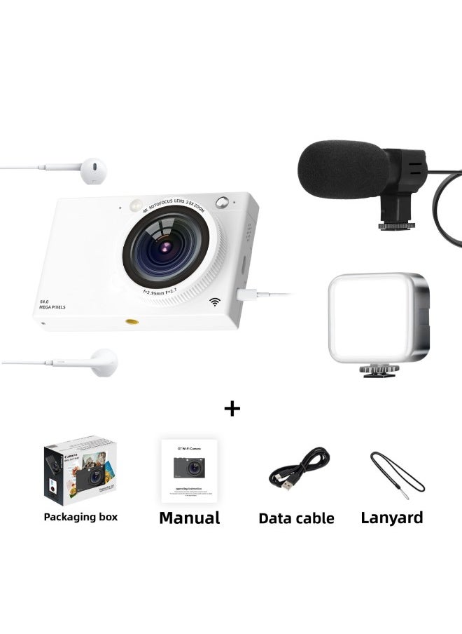 Generic D7 HD Ccd Digital Camera Beauty Selfie Retro 64 Million WiFi Camera Video Student Card Machine-Body Color:D7 White Microphone Fill Light Earphone Cable  - Image 1
