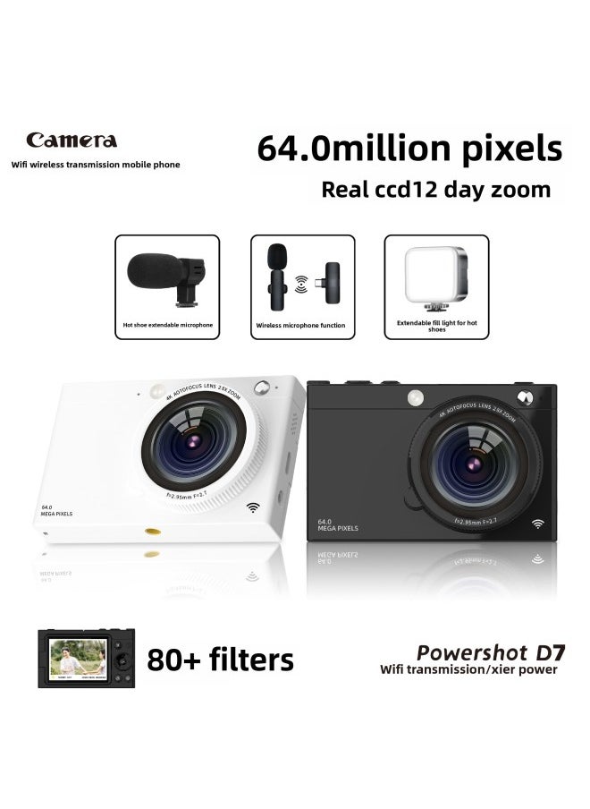 Generic D7 HD Ccd Digital Camera Beauty Selfie Retro 64 Million WiFi Camera Video Student Card Machine-Body Color:D7 White Microphone Fill Light Earphone Cable  - Image 2