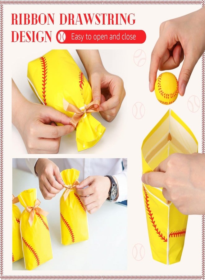 SilTriangle 50 Pcs Softball Party Gift Bags for Team Girls Plastic Softball Snack Bag Goodie Bags with Drawstring for Daughter's Game Party Supplies - Image 3