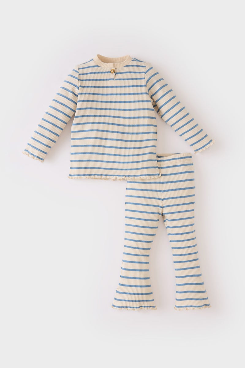 ديفاكتو طقم بيبي بناتي مخطط مضلع قصة عادية - قطعتين - Image 1