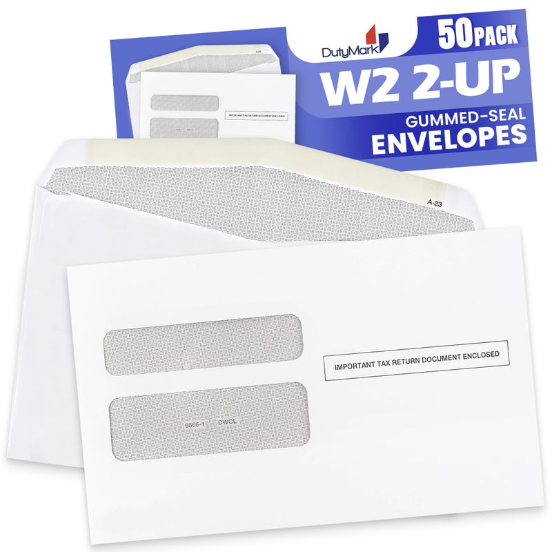 Dutymark 50 W2 Envelopes, Designed for W2 2-Up Tax Forms, Form QuickBooks Desktop and Other Tax Software, 5 5/8â€™â€™ x 9â€™â€™, Gum Seal Double Window Security W2 Envelopes, 50 Pack - Image 3