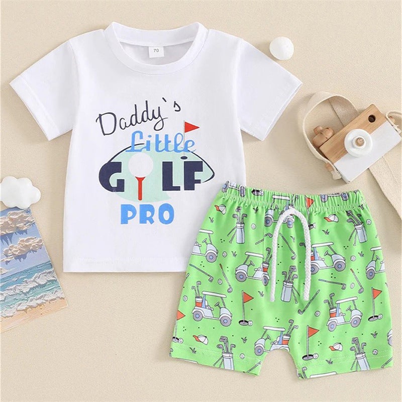 Foreign Trade Boys Sports Style Golf Printed Short-sleeved Top Shorts Two-piece Children''s suit - Image 2