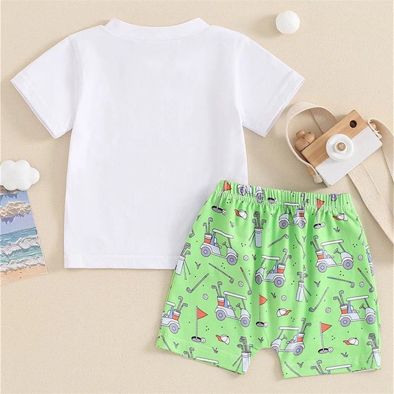 Foreign Trade Boys Sports Style Golf Printed Short-sleeved Top Shorts Two-piece Children''s suit - Image 3