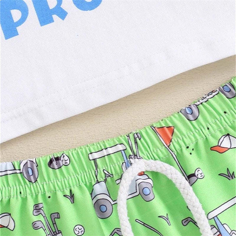 Foreign Trade Boys Sports Style Golf Printed Short-sleeved Top Shorts Two-piece Children''s suit - Image 5