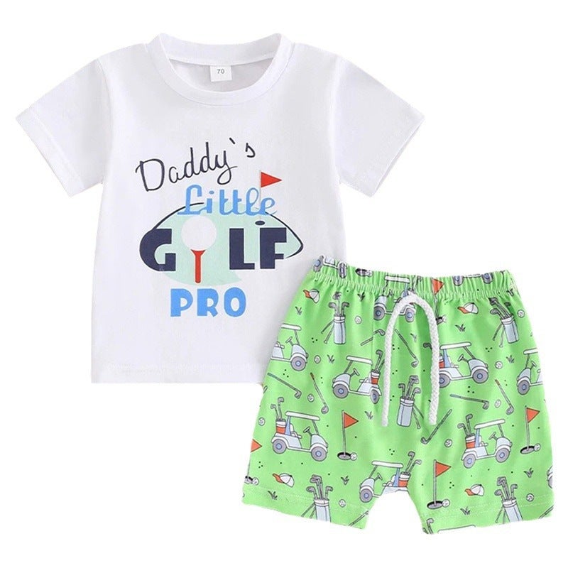 Foreign Trade Boys Sports Style Golf Printed Short-sleeved Top Shorts Two-piece Children''s suit - Image 1