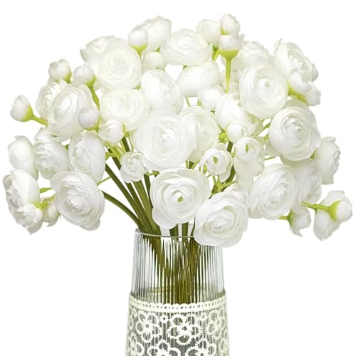 Letjolt Ranunculus Artificial Flower White Silk Flowers Faux DIY Bouquet for Wedding Engagement Centerpieces Arrangements Bridal Shower Decorations Home Decor 18pcs - Image 1