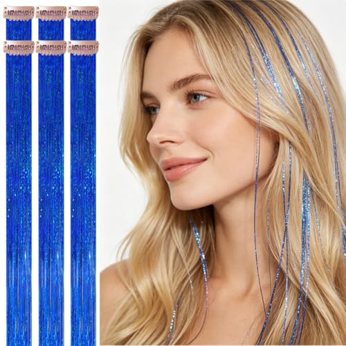 Celinebella Royal Blue Clip in Hair Tinsel 6Pcs Heat Resistant Bright Hair Extensions for Women Teens Daily Sports Events 4th of July Party Festival Gift - Image 1