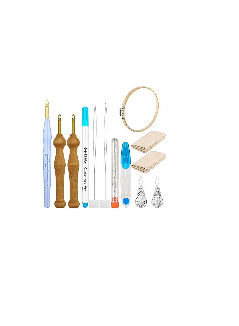Excefore 21 Pcs Punch Needle Embroidery Kits Adjustable Rug Yarn Punch Needle, Wooden Handle Embroidery Pen,Embroidery Hoops,scissors, Needle Threader, Punch Needle Cloth for DIY Starter Kit - Image 1