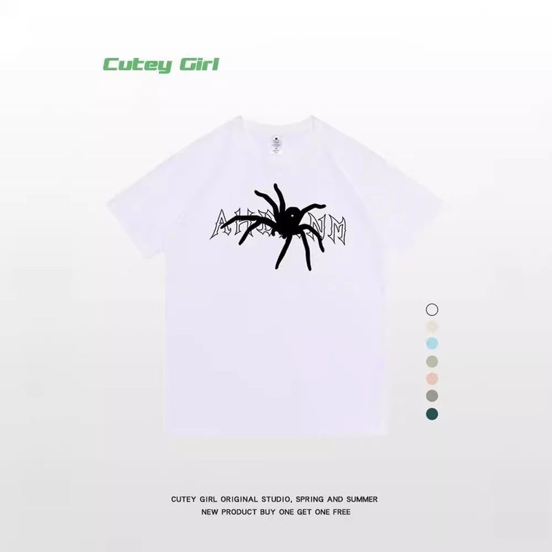 Heavy Cotton Spider Letter Printed Short-Sleeved T-Shirt For Men And Women American Style Retro High Street Korean-Fashion Brand Loose T-Shirt Top - Image 3