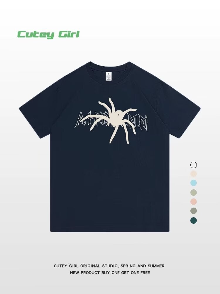 Heavy Cotton Spider Letter Printed Short-Sleeved T-Shirt For Men And Women American Style Retro High Street Korean-Fashion Brand Loose T-Shirt Top - Image 1