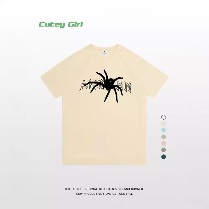 Heavy Cotton Spider Letter Printed Short-Sleeved T-Shirt For Men And Women American Style Retro High Street Korean-Fashion Brand Loose T-Shirt Top - Image 2