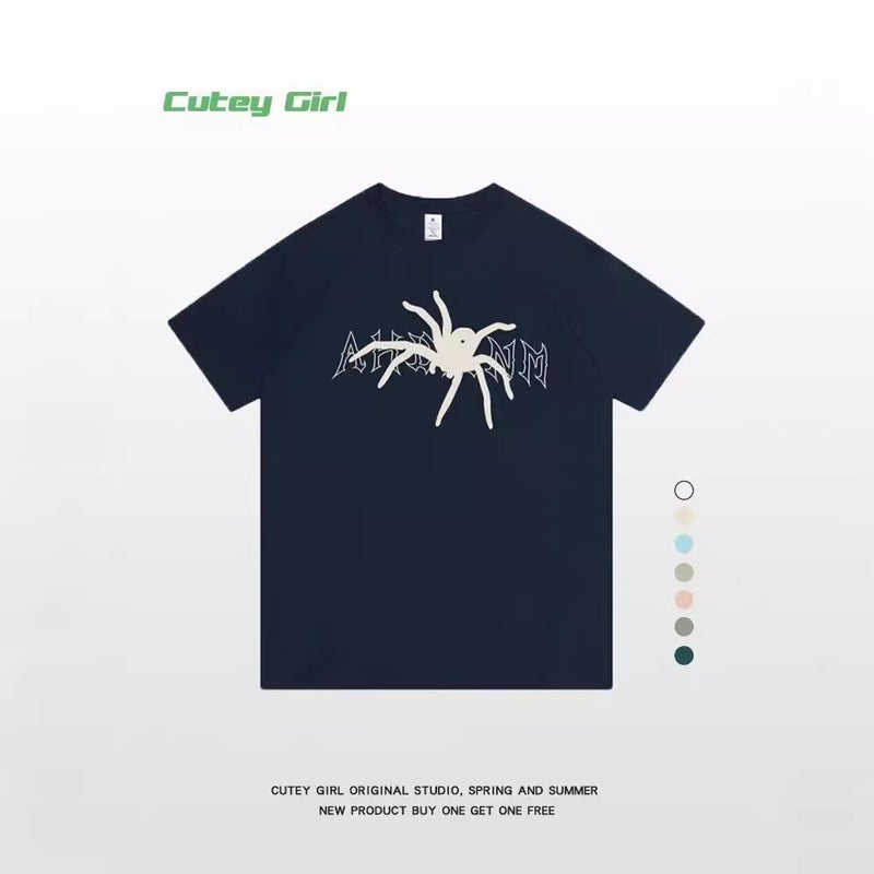 Heavy Cotton Spider Letter Printed Short-Sleeved T-Shirt For Men And Women American Style Retro High Street Korean-Fashion Brand Loose T-Shirt Top - Image 4