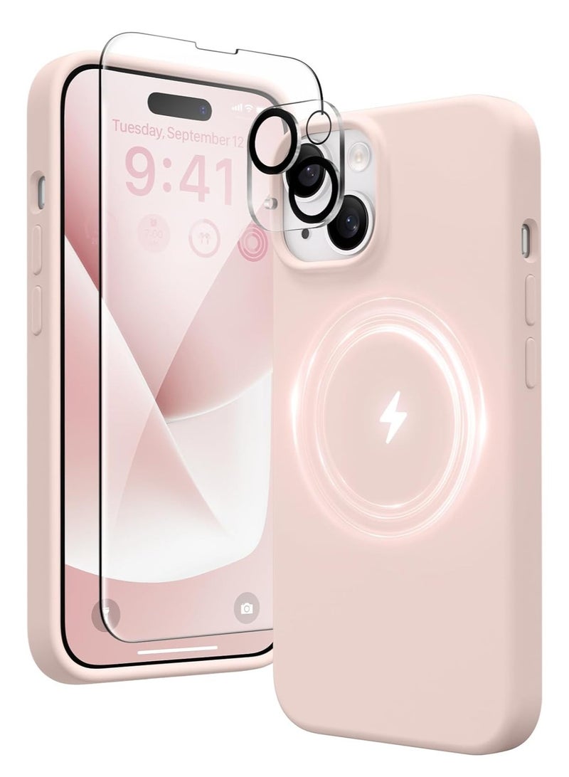 "ELTRAZONE 5-in-1 Magnetic Case for iPhone 15 – Slim Full Body Skin-Like Silicone Cover (6.1") in Pink, Compatible with MagSafe, Includes 2X Screen Protectors and Camera Lens Protectors" - Image 1
