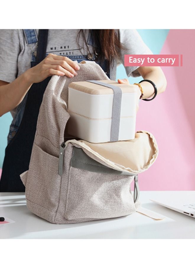 Arabest Square Lunch Box Double Layer Wooden Lunch Box with Tableware Adult Student Lunch Box 1.4l-white  - Image 2