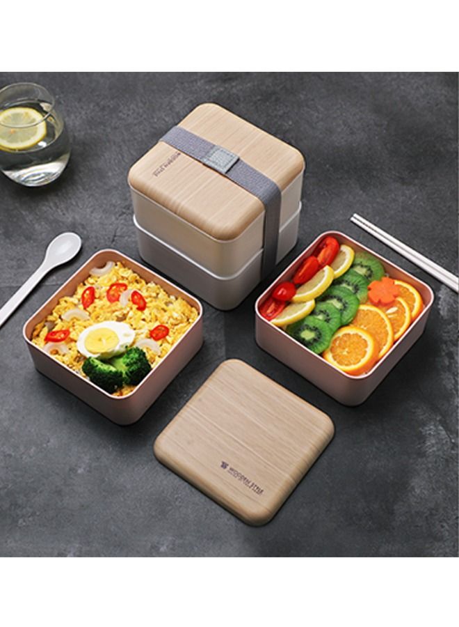 Arabest Square Lunch Box Double Layer Wooden Lunch Box with Tableware Adult Student Lunch Box 1.4l-white  - Image 5