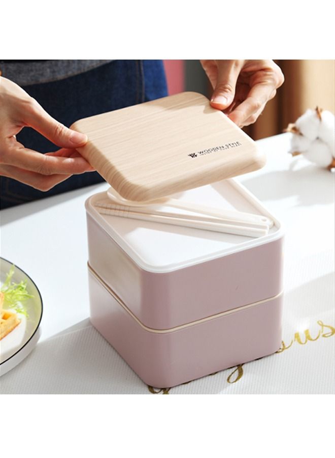 Arabest Square Lunch Box Double Layer Wooden Lunch Box with Tableware Adult Student Lunch Box 1.4l-white  - Image 3