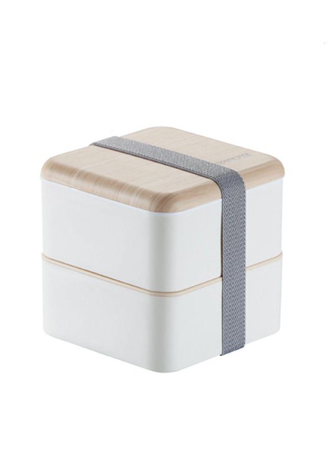 Arabest Square Lunch Box Double Layer Wooden Lunch Box with Tableware Adult Student Lunch Box 1.4l-white  - Image 1