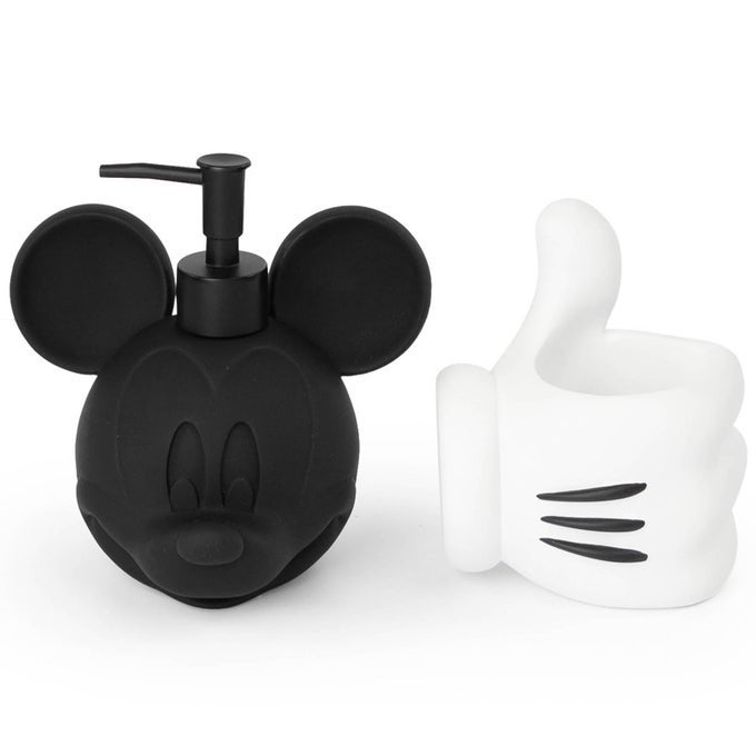 DISNEY MICKEY MOUSE BATHROOM SOAP DISPENSER SET 2 PIECE WHITE AND BLACK COLLECTION INCLUDES RESIN LOTION PUMP AND TUMBLER CUP BATHROOM DCOR