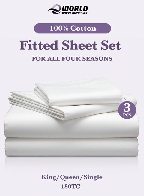 3-Piece 100% Cotton Fitted Bedsheet Set (180 Thread Count) – White | Deep Pocket & 2 Pillow Covers | King, Queen & Single Sizes