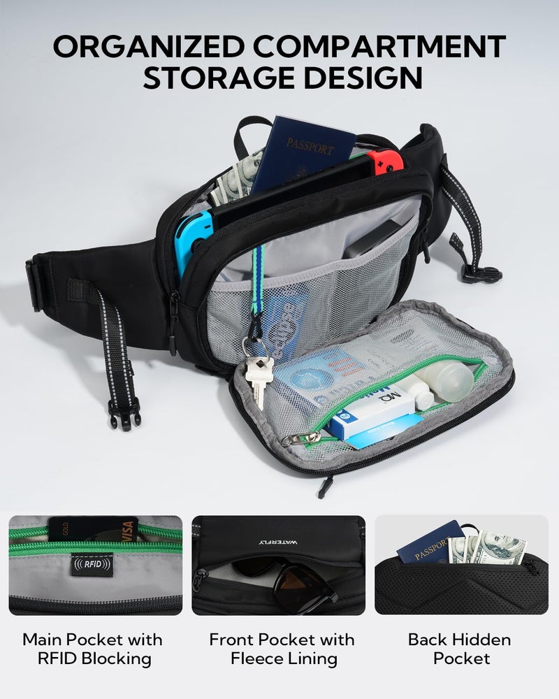 WATERFLY 3L Large Fanny Pack, 180Â° Opening Hip Pouch with Multi-Pockets, Anti-Theft RFID Blocking Waist Bag for Women Men Traveling Hiking Daily Use - Image 4