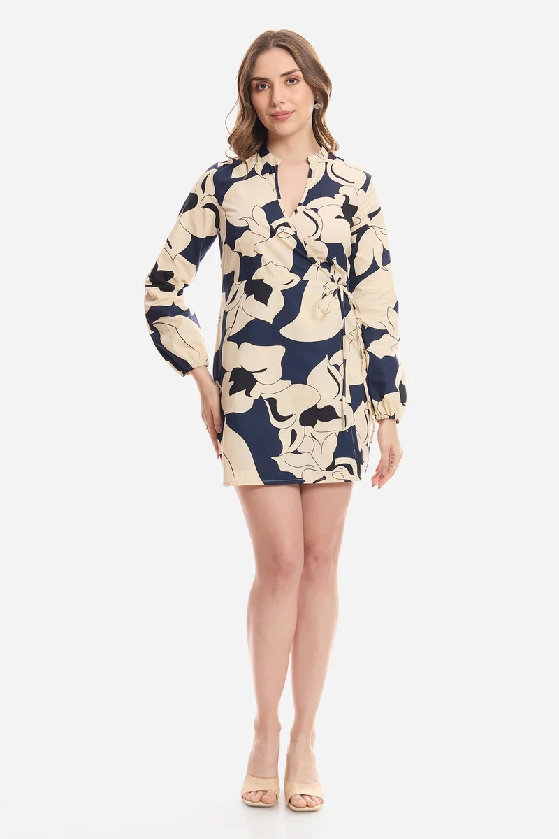 Virgio Abstract Cotton Wrap Mini Dress for Women