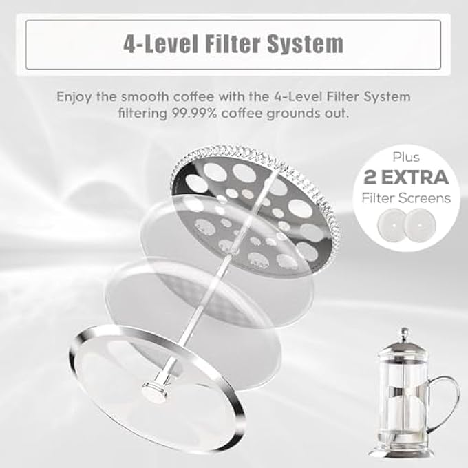 Exrp Silver French Press Coffee Maker Luxury Design French Coffee Press With 4Level Filter System HighGrade Glass For Hot  Cold Resistance Include Long Size 304 Stainless Steel Spoon60Ml - Image 4