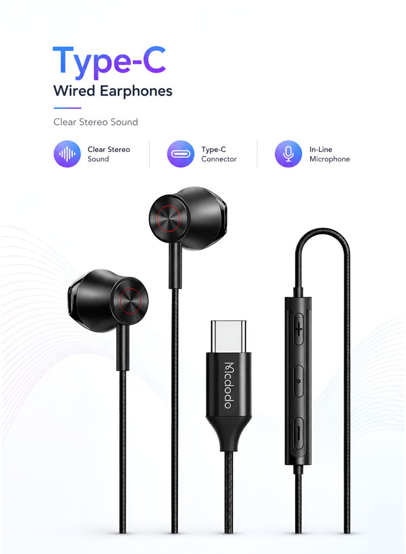 Mcdodo Type-C Wired Earphones Flat Ear Headphones – USB-C Stereo Audio for Android Phones, Tablet, Laptop – Black (HP-4070) - Image 1