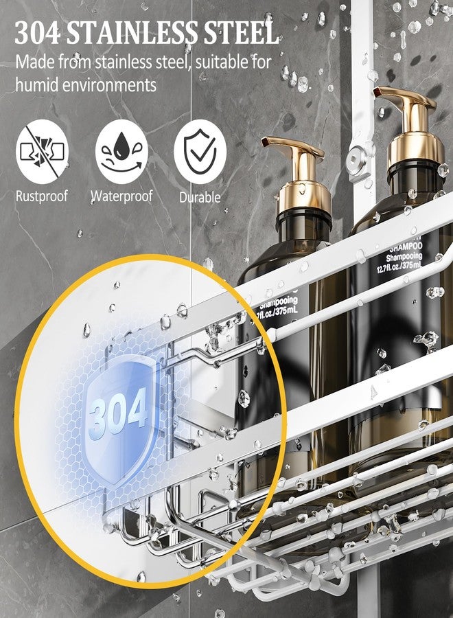 OMAIRA Shower Caddy Hanging with Soap Scrub Holder, Stainless Steel Sturdy Adjustable No-drill Non-Slip Large Capacity Over Shower Head Shower Rack Inside Shelves Bathroom Organizer and Storage, White - Image 3