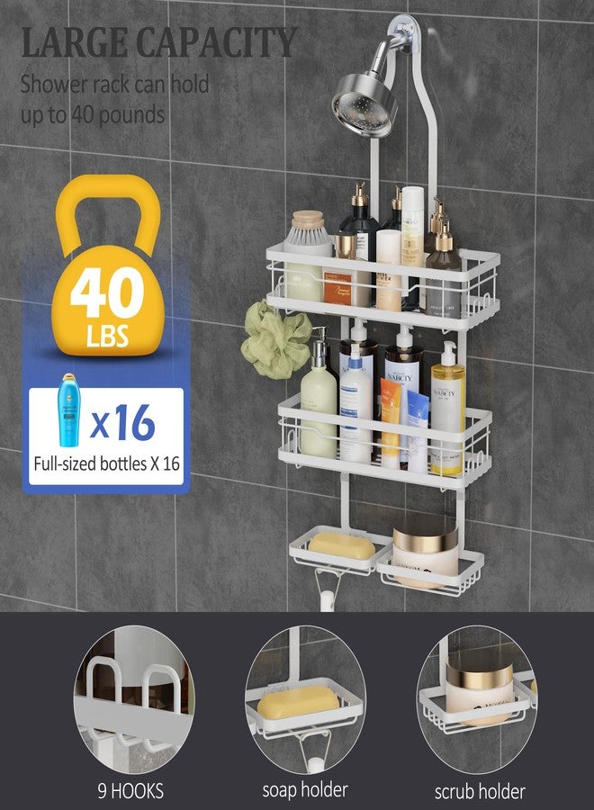 OMAIRA Shower Caddy Hanging with Soap Scrub Holder, Stainless Steel Sturdy Adjustable No-drill Non-Slip Large Capacity Over Shower Head Shower Rack Inside Shelves Bathroom Organizer and Storage, White - Image 5