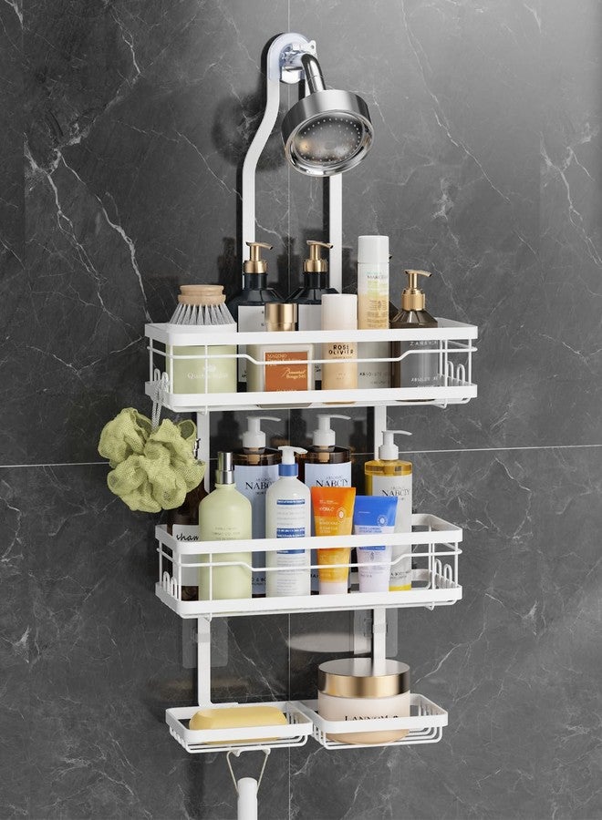 OMAIRA Shower Caddy Hanging with Soap Scrub Holder, Stainless Steel Sturdy Adjustable No-drill Non-Slip Large Capacity Over Shower Head Shower Rack Inside Shelves Bathroom Organizer and Storage, White - Image 1
