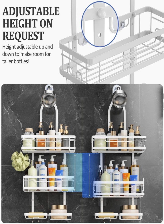 OMAIRA Shower Caddy Hanging with Soap Scrub Holder, Stainless Steel Sturdy Adjustable No-drill Non-Slip Large Capacity Over Shower Head Shower Rack Inside Shelves Bathroom Organizer and Storage, White - Image 4