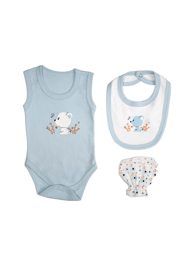 Babies Basic - 7 Piece Unisex 100% Cotton Set Include Bib, Socks, Mitten, Cap, Romper, Top And Bottom Set, Blue - Image 1