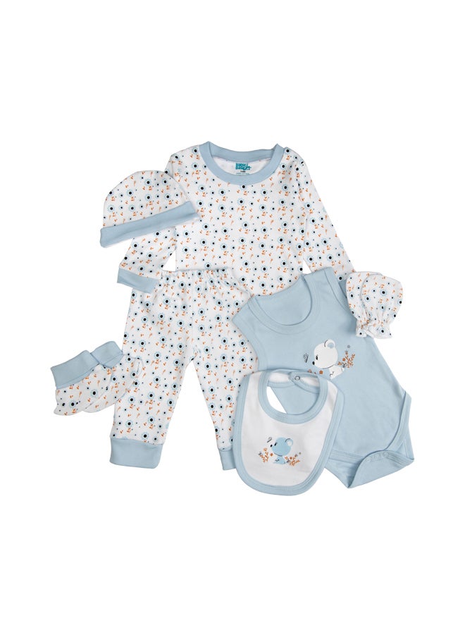 Babies Basic - 7 Piece Unisex 100% Cotton Set Include Bib, Socks, Mitten, Cap, Romper, Top And Bottom Set, Blue - Image 1