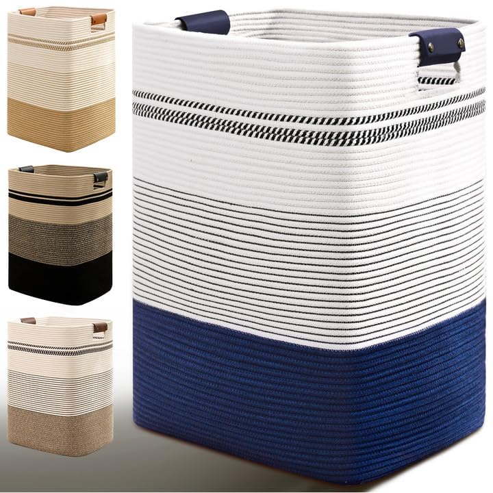 Degeyoyo Laundry Hamper, 95L Tall Laundry Basket with Leather Handles, Rectangle Large Clothes Hamper for Organizing, Cotton Woven Laundry Baskets Storage Hampers for Bedroom, Nursery, Living Room - Image 1