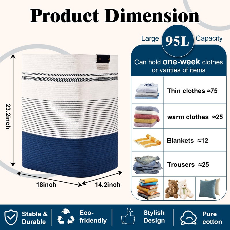 Degeyoyo Laundry Hamper, 95L Tall Laundry Basket with Leather Handles, Rectangle Large Clothes Hamper for Organizing, Cotton Woven Laundry Baskets Storage Hampers for Bedroom, Nursery, Living Room - Image 3
