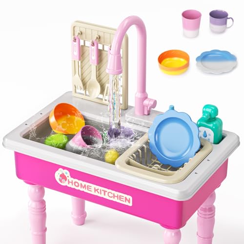 Doloowee Color Changing Kitchen Sink ToysElectric Dishwasher Playing Toy Play Sink for Kids 35 with Running WaterUpgraded Faucet and Play DishesPretend Play Kitchen Toys for Kids Boys GirlsPink - Image 1