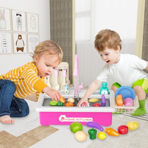 Doloowee Color Changing Kitchen Sink ToysElectric Dishwasher Playing Toy Play Sink for Kids 35 with Running WaterUpgraded Faucet and Play DishesPretend Play Kitchen Toys for Kids Boys GirlsPink - Image 5