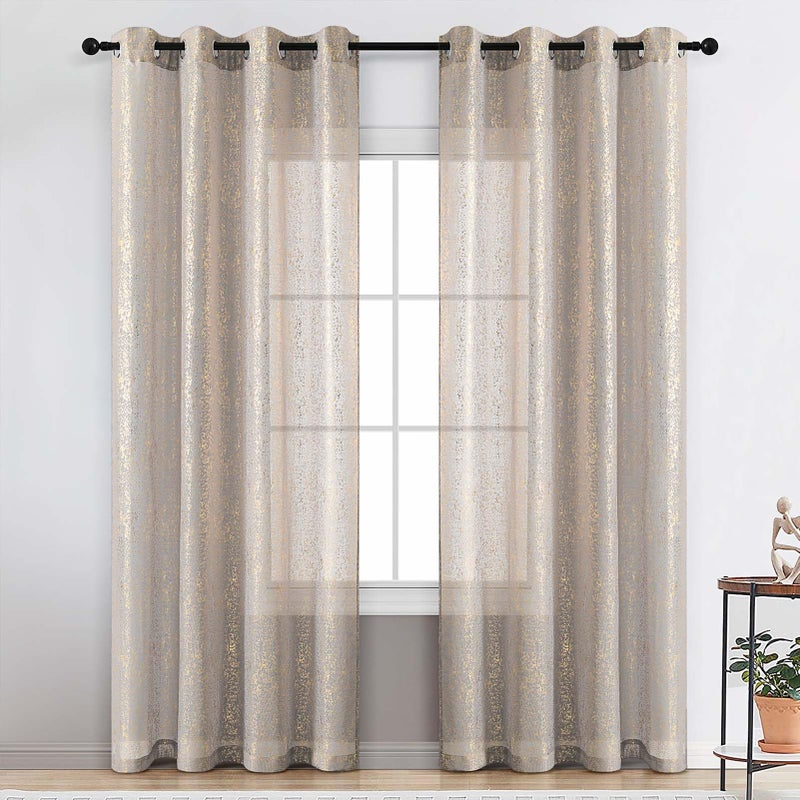 TERLYTEX TERLYTEX Grey Gold Sheer Curtains for Living Room Metallic Gold Foil Spray Spots Printed Grey Sheer Curtains 84 Inch Long Grommet Privacy Sheer Window Curtains 2 Panels Set 52 x 84 Inch