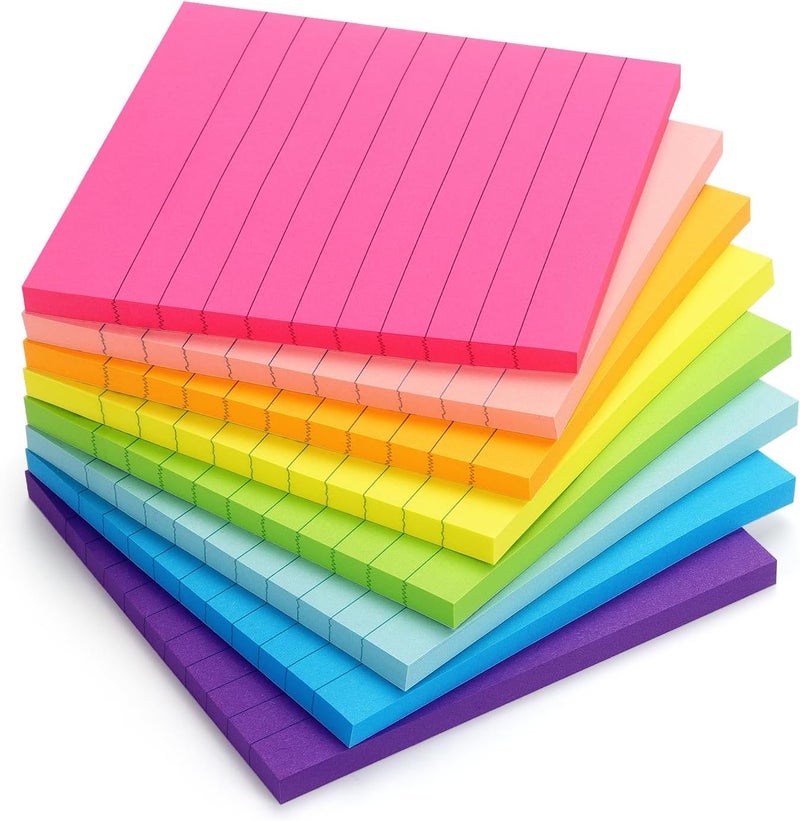 Eastern Wolf 8 Pads Lined Sticky Notes 4x4 Sticky Notes with Lines Self-Stick Note Pads 8 Bright Multi Colors, 50 Sheet/Pad - Image 1