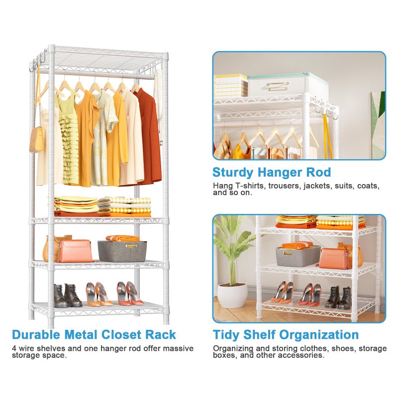 Ulif H4 Mini Portable Closet, 4 Tiers Freestanding Clothing Garment Rack for Small Space, Metal Clothes Wardrobe System for Bedroom, 23.6" W x 14" D x 76.4" H, Load 502 lbs, White - Image 4