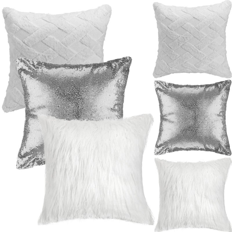 Frienda Frienda 6 Pcs Sequin Throw Silver Pillow Covers and Fluffy Pillow Cases Plush Short Wool Velvet Decorative Throw Pillow Covers Faux Fur for Couch Bed 18 x 18 Inch 