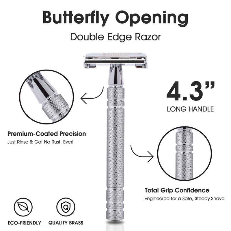 KEROPY Double Edge Safety Razor with 10 Disposable Blades - Reusable Stainless Steel Shaver for Face, Leg, Body - Washable Portable Travel Size - Prevents Skin Irritation & Ingrown Hair - Image 5